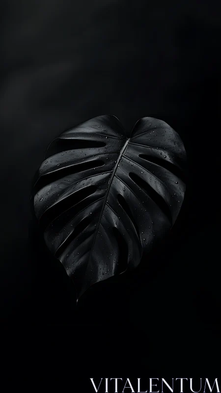 Black monstera leaf holds dewdrops on deep matte background
