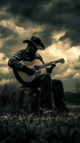 Moody cowboy silhouette playing acoustic guitar at dusk.