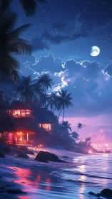 Moonlit Tropical Beachside Villa Under Starlit Nocturne Sky.