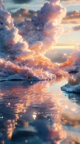Radiant pastel clouds rising above reflective water surface.