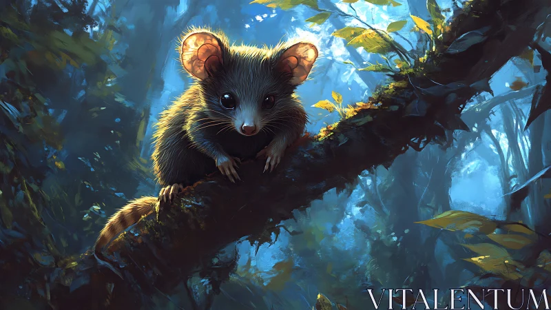 Small rodent on mossy tree branch in dense forest environment.