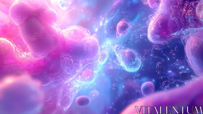 Abstract microscopic cells in vibrant neon colors, digital art style.