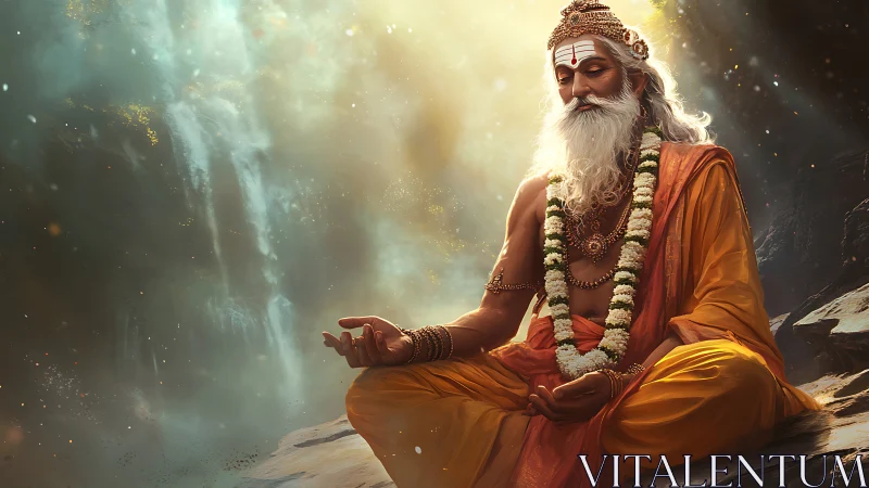 Meditating sage glows beside ethereal waterfall cascade.