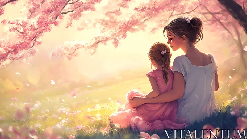Mother and daughter seated under luminous cherry blossoms in spring