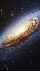 Spiral galaxy core glows within dense star field in space