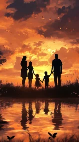 Silhouetted family stands by water under vivid sunset sky