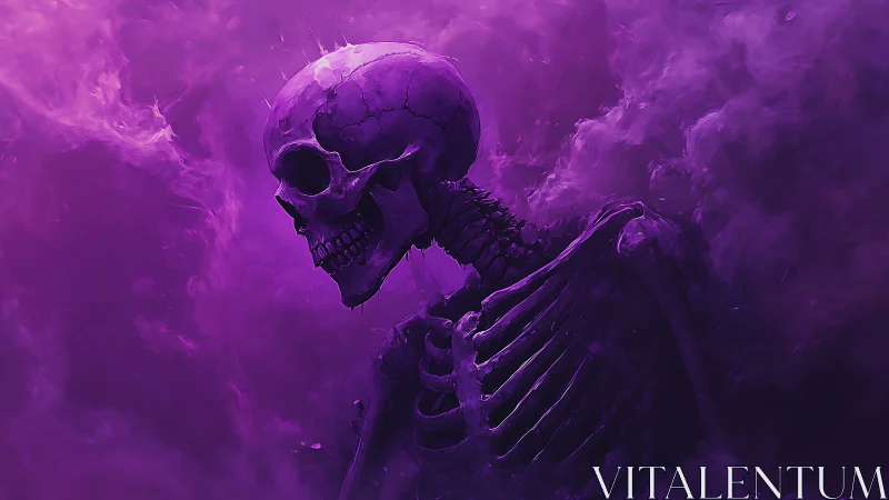 Violet smoke skeleton drifting through neon afterlife haze.