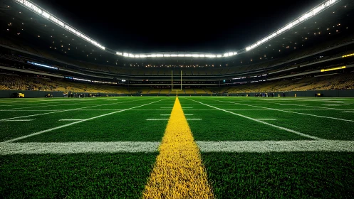 Symmetrical view of illuminated football stadium field at night.