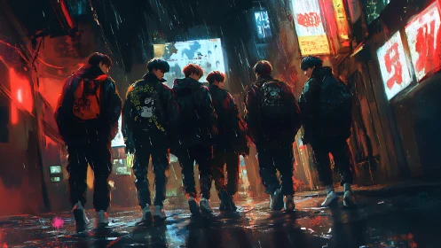 Neon alley youth collective in rain-soaked cyberpunk streets.