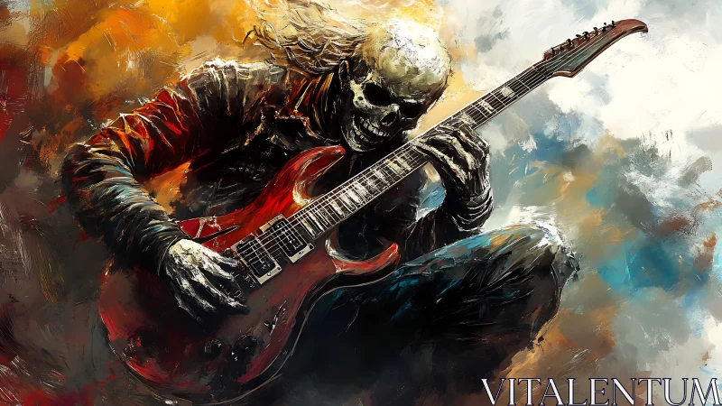 Skeletal guitarist in leather jacket with red electric guitar.