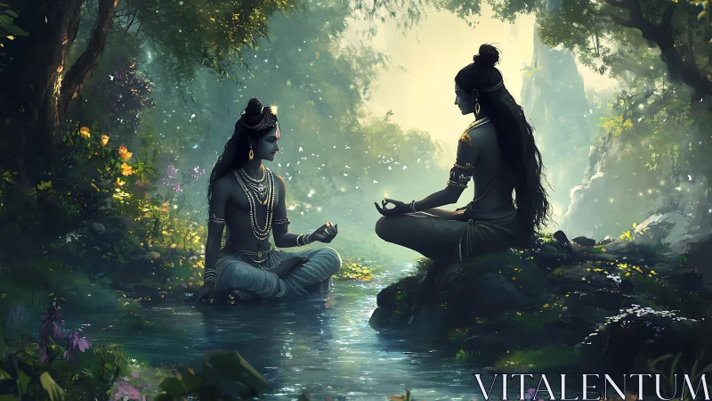 Divine meditation by forest stream under ethereal light.