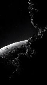 Silent crescent planet emerging beyond jagged asteroid rim.