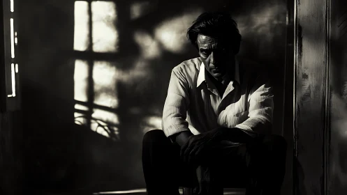 Brooding man in window shadows, stark monochrome portrait.