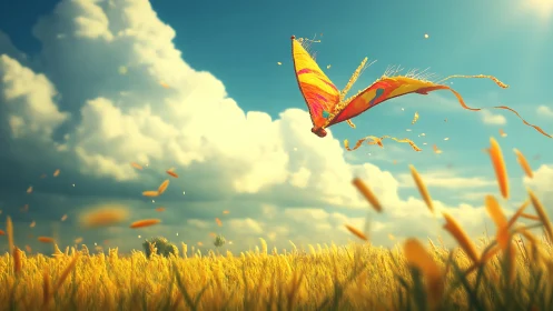 Vivid kite ascends above wheat field under dramatic cumulus