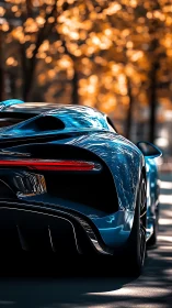 Blue hypercar glides through autumn light with liquid chrome grace.