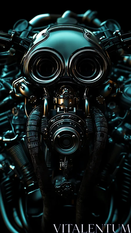 Futuristic chrome robot face glowing in deep teal light.