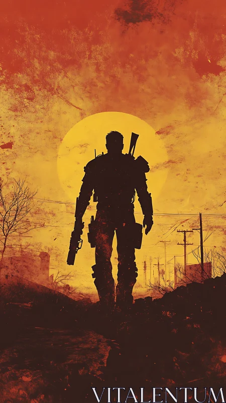 Silhouette wanderer against apocalyptic sunset field of view.