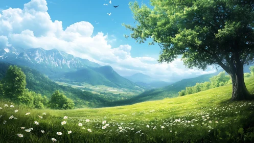 Sunlit alpine meadow slopes toward distant blue ridgeline