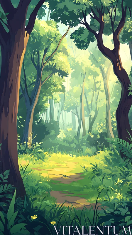 Sunlit Forest Glade: Digital Illustration of Woodland Path