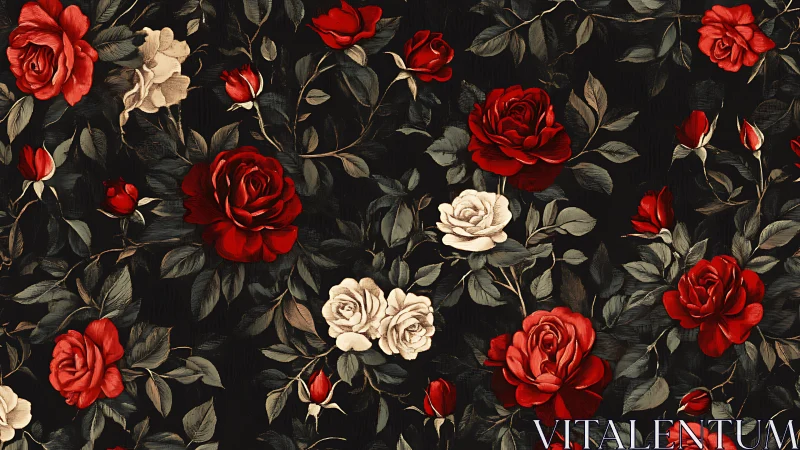 Vintage Floral Pattern with Red and Cream Roses on Black
