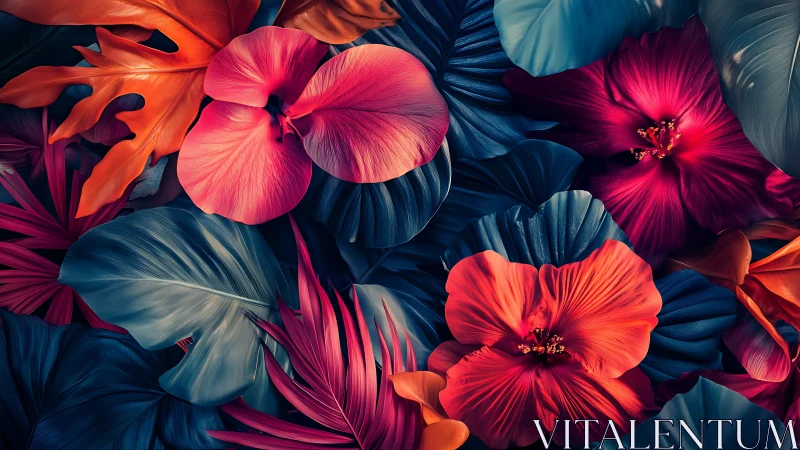 Tropical Blooms Dance in Vivid Crimson Harmony