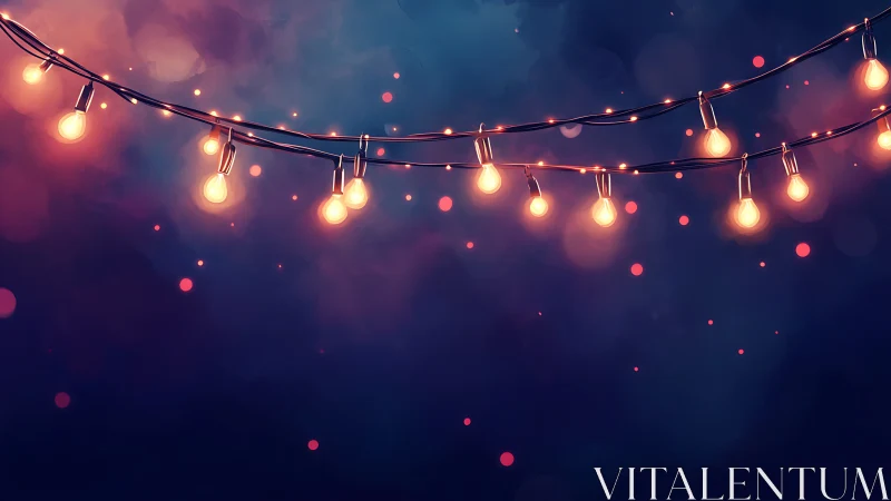 Warm patio string lights against deep blue night sky.