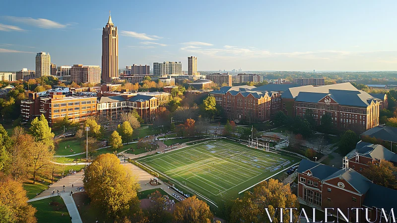 Urban university campus with sports field and city skyline.