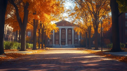 Brick campus hall framed by autumn trees at sunrise.