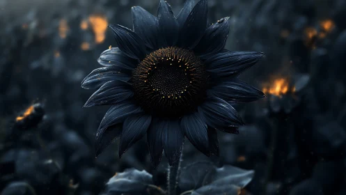 Dark Sunflower with Golden Center and Wet Petals.