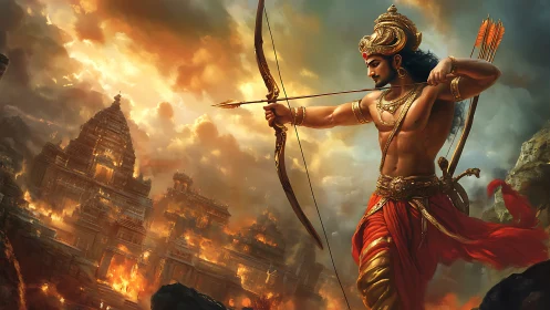 Warrior archer aiming over burning temple city at dusk.