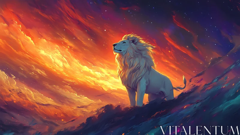 White lion on ridge under vivid orange cosmic sky.