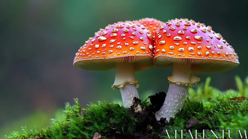 Twin fly agaric mushrooms on green moss in forest floor.