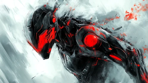 Cybernetic combat exosuit in dynamic red-black abstraction.