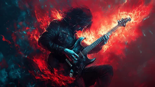 Guitarist rendered amid abstract red and blue digital flames