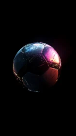 Neon lit soccer ball isolated against dark black background.