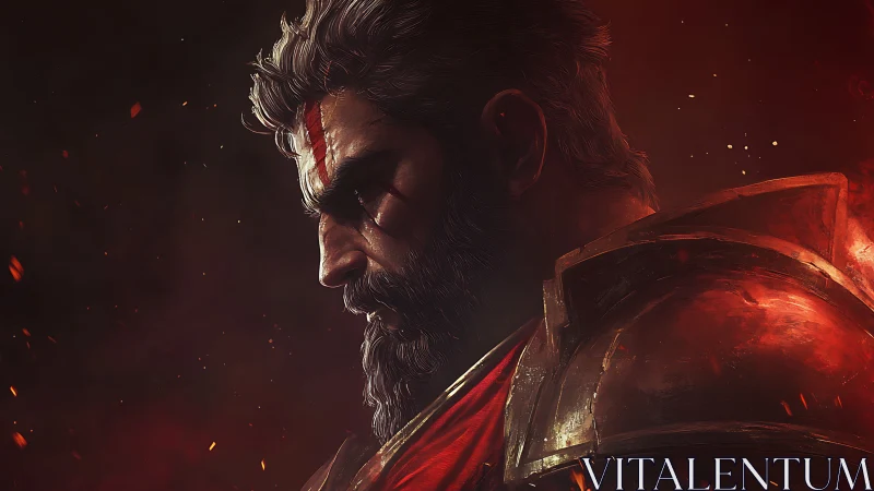 Battle-scarred warrior turns inward amid burning embers