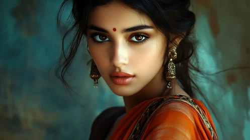 Portrait of young woman in orange sari, intense gaze.