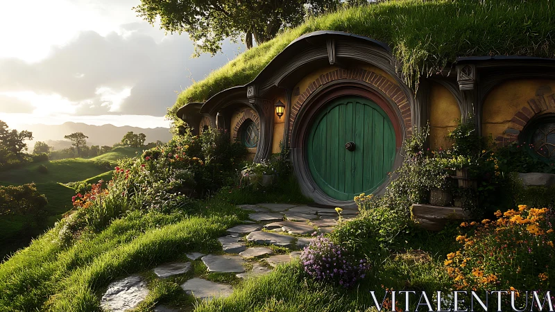 Grass-roofed hobbit dwelling with stone path in golden hour light