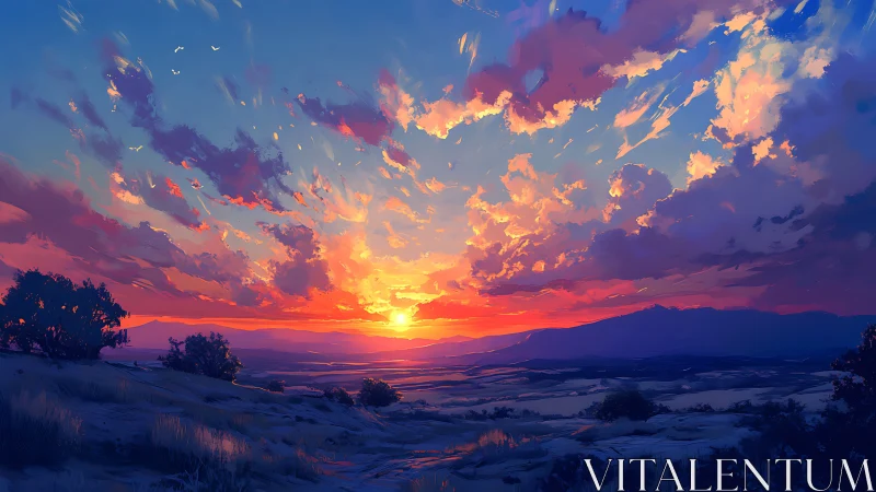 Sunset over distant hills in stylized digital landscape painting.