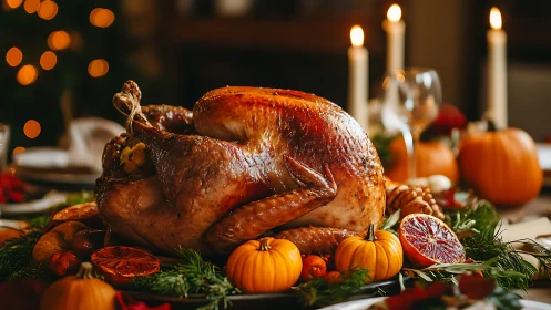 Golden roasted holiday turkey under warm bokeh candlelight