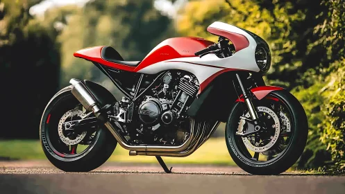 Sunlit red cafe racer motorcycle waiting for open roads.