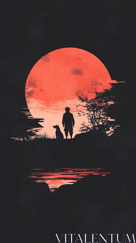 Silhouetted wanderer and dog beneath a blazing red moon.