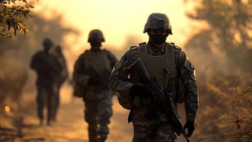 Soldiers conduct armed foot patrol through dusty rural terrain