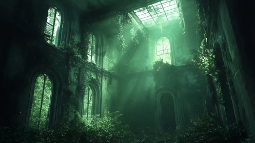 Overgrown neoclassical atrium with skylight and volumetric rays
