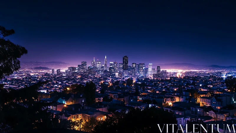 Midnight city glow stretching softly toward the hills.