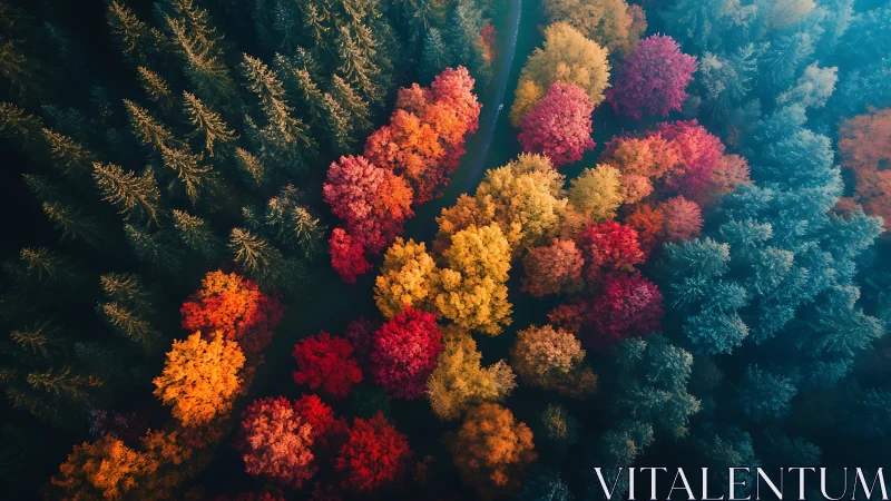 Autumn forest canopy displays mixed foliage colors from above
