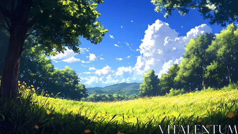 Sunlit meadow slopes toward distant green hills under clouds