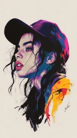 Vibrant digital portrait of woman in cap with neon shadows.