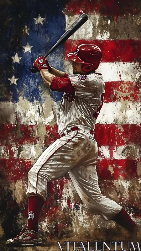 Bold baseball swing against a weathered American flag backdrop.