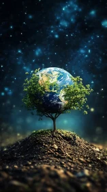 Planet-tree sapling cradling Earth under glittering cosmos.